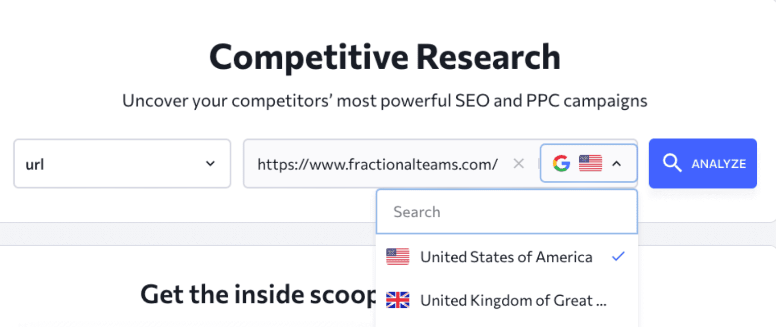 A screenshot of a competitive research tool interface displays a search bar with a URL entered, "https://www.fractionalteams.com," and options to choose the search region shown as the United States with a dropdown menu open. The "Analyze" button on the right invites users to explore content marketing strategies.